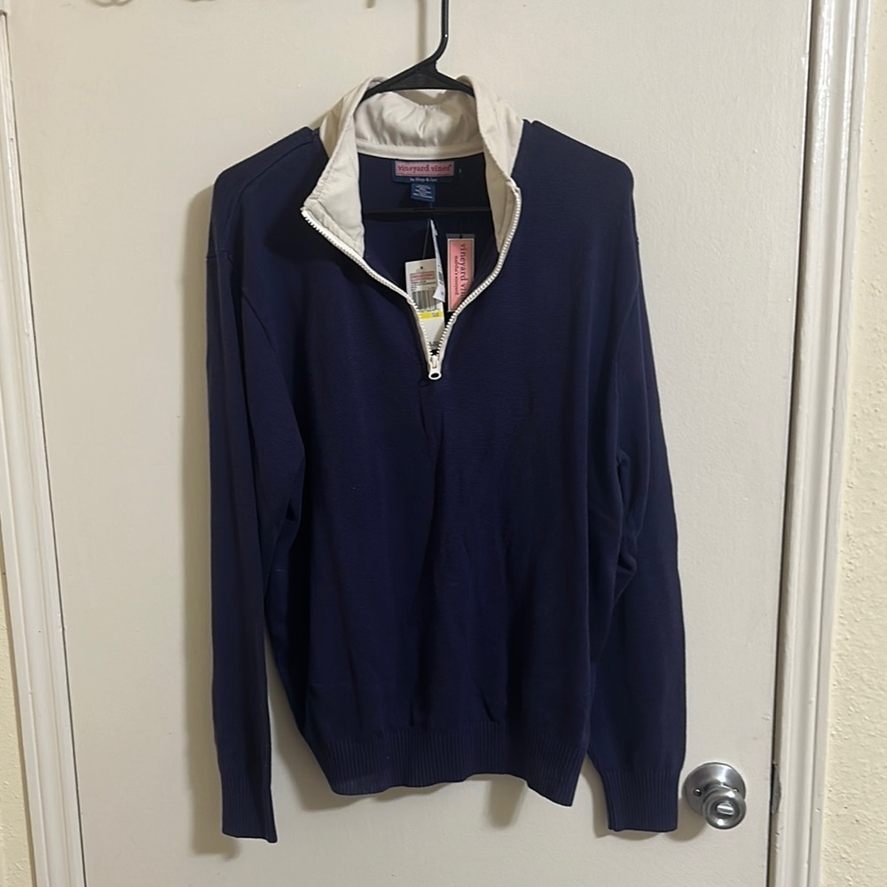 NWT Vineyard Vines Quarter Zip Navy Cotton Sweater Pullover Medium‎